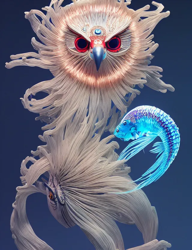 Image similar to 3 d eye of god. beautiful intricately detailed japanese crow kitsune mask and clasical japanese kimono. betta fish, jellyfish phoenix, bio luminescent, plasma, ice, water, wind, creature, artwork by tooth wu and wlop and beeple and greg rutkowski