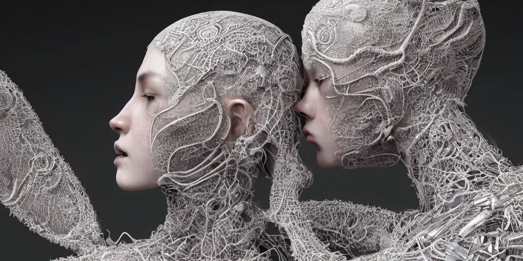 Image similar to hyperrealistic photography of a stunningly cyborg female, intimate,, kissing, delicate threads, in the style of beth cavener, jin kagetsu,, and wlop, highly detailed, intricate filigree, chrome face symmetry, masterpiece, award - winning, sharp focus, concept art, high key, ambient lighting, 8 k, octane render, artstation
