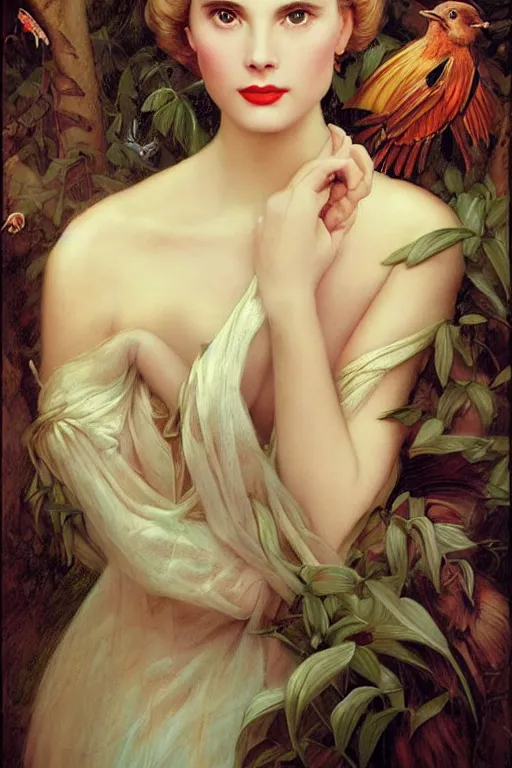 Prompt: A young and extremely beautiful Grace Kelly explaining the birds and the bees by Tom Bagshaw in the style of a modern Gaston Bussière, art nouveau, art deco, surrealism. Extremely lush detail. Night scene. Perfect composition and lighting. Profoundly surreal. Lush surrealistic photorealism. Sultry and mischevious expression on her face.