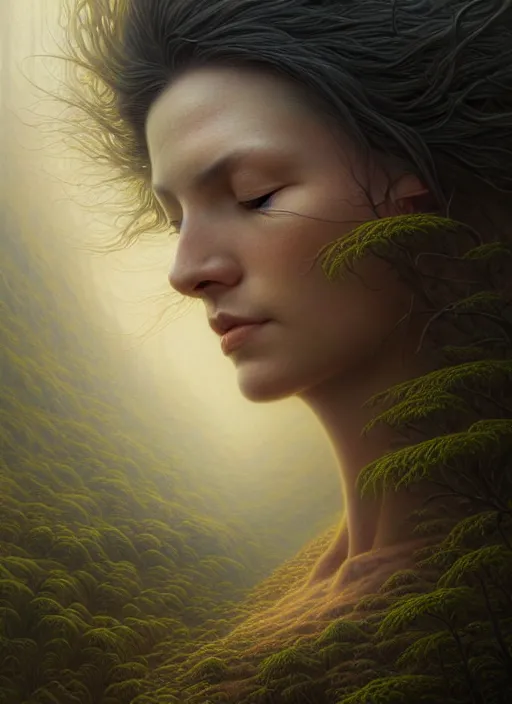 Image similar to closeup portrait shot of a meditation in nature in a scenic dystopian environment, intricate, elegant, highly detailed, centered, digital painting, artstation, concept art, smooth, sharp focus, illustration, artgerm, tomasz alen kopera, peter mohrbacher, donato giancola, joseph christian leyendecker, wlop, boris vallejo