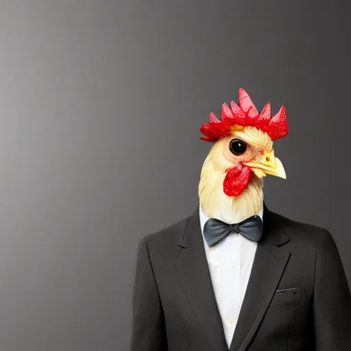 Prompt: a high quality photo of a chicken wearing a suit, realism, 8k, midjourney