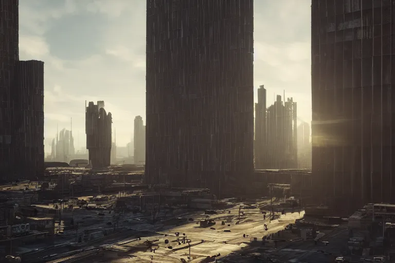 Image similar to streetscape, a towering cathedral of brutalist architecture, buildings covered with greebles, stunning volumetric light, sunset, metal, concrete and translucent material, stunning skies, majestic landscape, trending on Artstation, 8k, photorealistic, hyper detailed, unreal engine 5, IMAX quality, cinematic, epic lighting, in the style of Greg Rutkowski