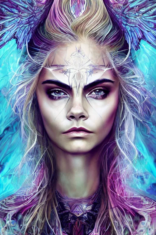 Prompt: !dream an absolutely gorgeous portrait of Cara Delevigne by Android Jones, wings, fractals, Gorgeous colors, face symmetry, insane detail, gorgeous colors, strong composition, awe inspiring lighting, psychedelic, volumetric light, symmetry, subsurface scattering