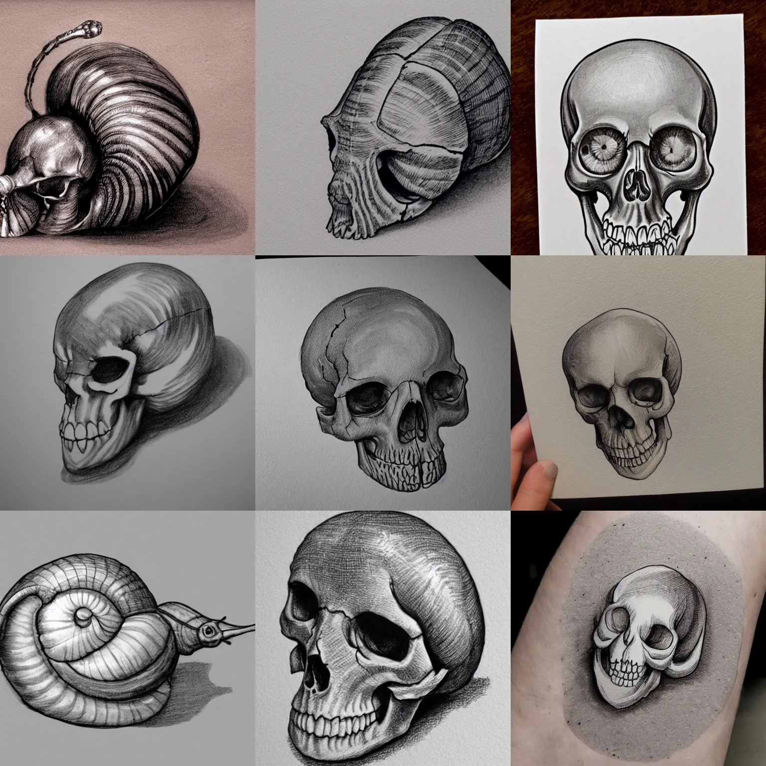 Prompt: snail!!! with human skull for shell, realism, intricate