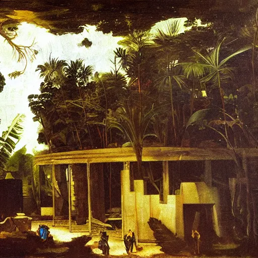 Prompt: Moonlit ruins of a shopping mall in the jungle, oil painting by Caravaggio