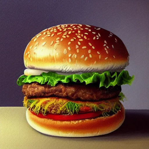 Prompt: the big mac, extra ketchup and cheese hamburger, artstation hall of fame gallery, editors choice, #1 digital painting of all time, most beautiful image ever created, emotionally evocative, greatest art ever made, lifetime achievement magnum opus masterpiece, the most amazing breathtaking image with the sexiest hamburger ever painted a thing of beauty beyond imagination or words