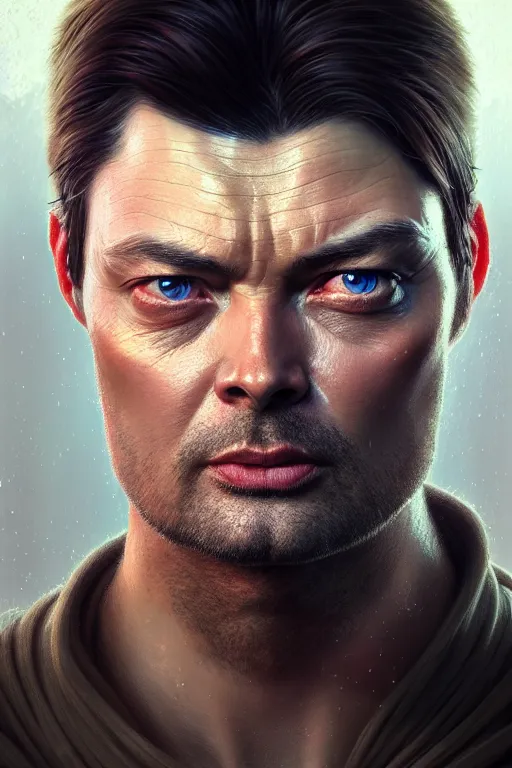 Image similar to ultra detailed close up facial portrait of karl urban, extremely detailed digital painting, in the style of fenghua zhong and ruan jia and jeremy lipking and peter mohrbacher, mystical colors, rim light, beautiful lighting, 8 k, stunning scene, raytracing, octane, trending on artstation