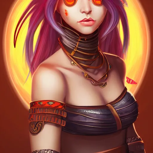 Image similar to illustrated portrait of youthful female feminine horned tiefling female bard with long blue bob cut hairstyle, her skin is orange and tanned, and her eyes are pure black orbs, and she is wearing colorful leather armor by rossdraws,