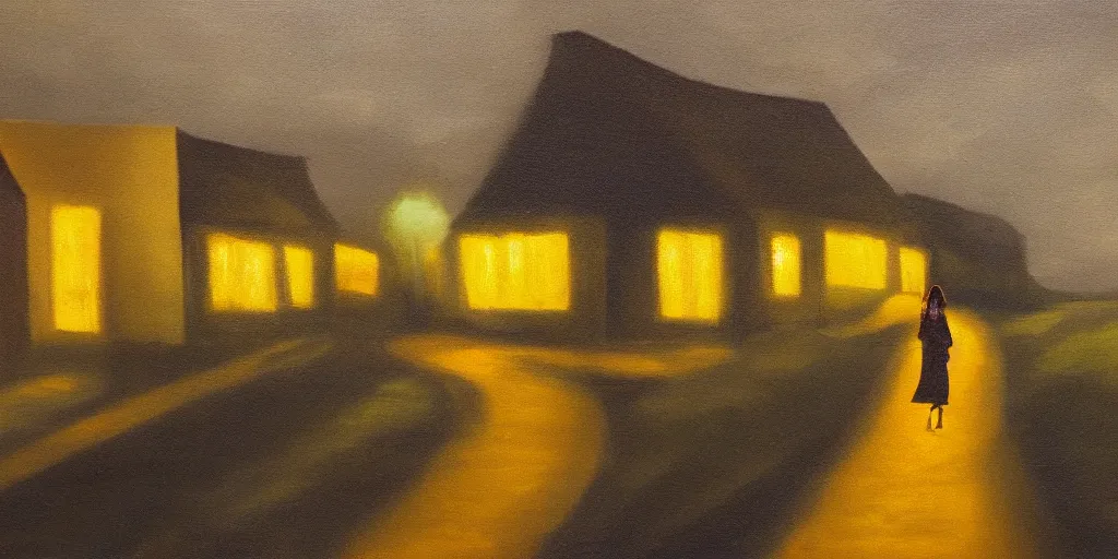 Prompt: lonely girl walking along the edge of the road, oil painting, dark night, village house with yellow lit window in the background