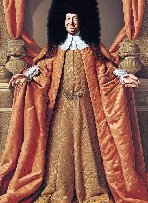 Prompt: beautiful oil painting portrait of Louis xiv in coronation robes by Dan Mumford, Alex grey, hyacinthe rigaurd 1701