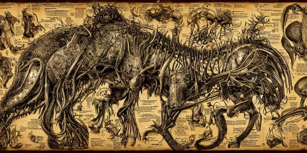 Image similar to highly detailed labeled medical anatomy poster of a animalistic god, poster paper with notes, well - lit, ray tracing, detailed, mechanism, forbidden - knowledge, intricate details, gold and silver ink, by kentaro miura, marco bucci