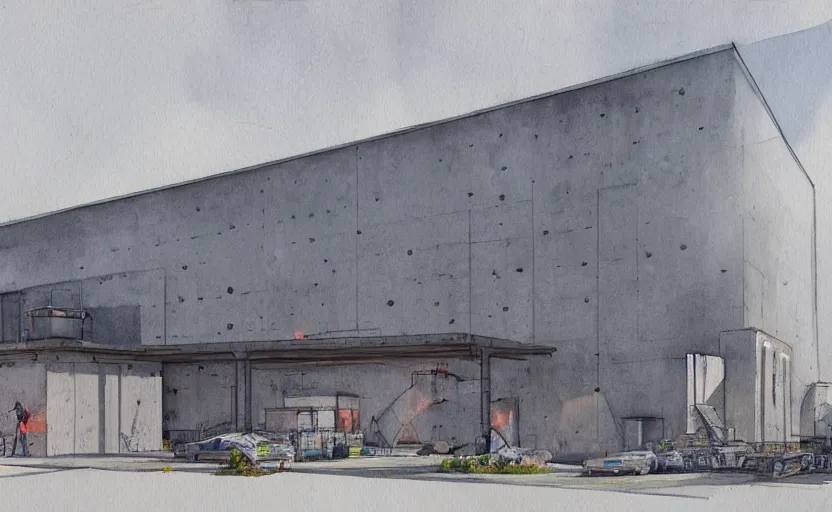 Image similar to concept art of a concrete factory exterior, pinterest, artstation trending, behance, watercolor, by coby whitmore, silver, laser light,