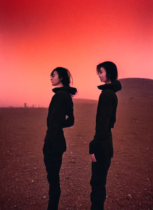 Image similar to cinestill 5 0 d photographic portrait of two loving female androids wearing rugged black techwear on a desolate plain with a brutalist monument and a red sky, extreme closeup, cyberpunk style, dust storm, 8 k, hd, high resolution, 3 5 mm, f / 3 2, ultra realistic faces, ex machina