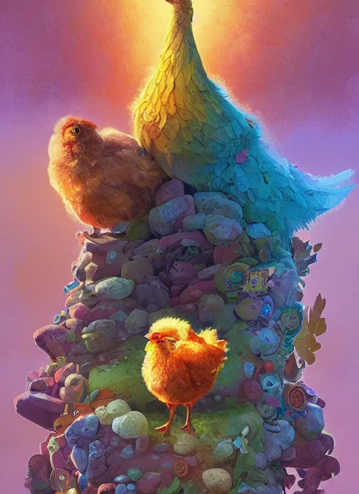 Image similar to a hen and her two chicks walking over a rainbow movie by nuri iyem, james gurney, james jean, greg rutkowski, anato finnstark. pixar. hyper detailed, 5 0 mm, award winning photography, perfect faces