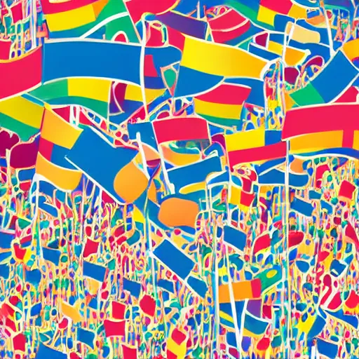 Image similar to escherichia coli party, little escherichia coli crowd with flags and party hats, illustration, ultra detailed