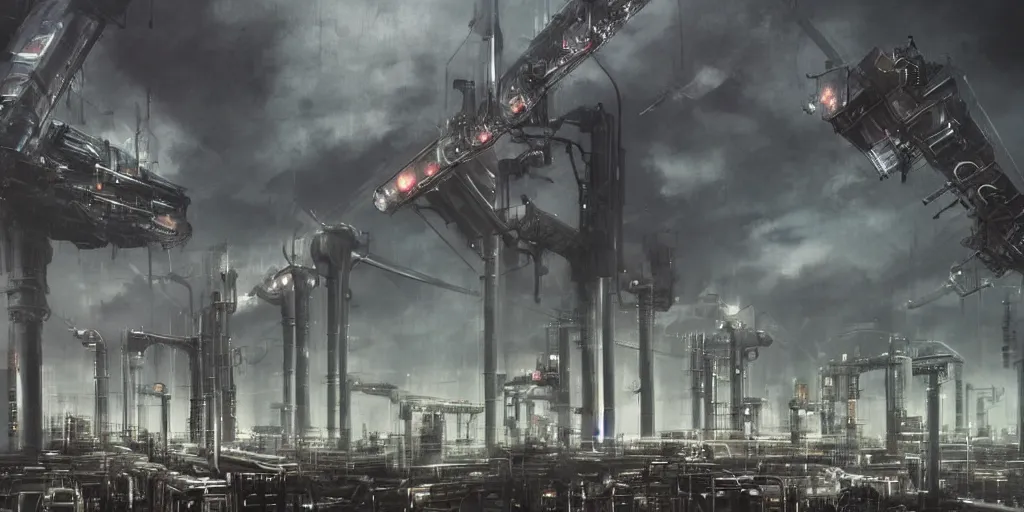 Image similar to futuristic science-fiction landscape of the world of machines, huge mechanical towers buildings and bridges, ground full of factories and pipes, under a dark cloudy sky, in the style of Blade Runner