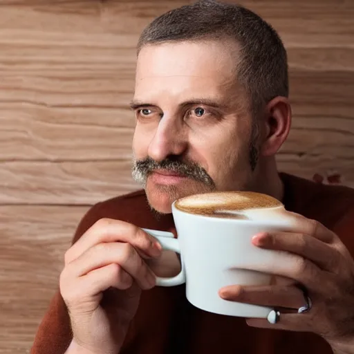 Image similar to a man with a cup of coffee instead of a head,