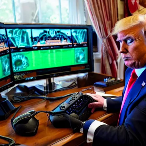 Prompt: Donald Trump with gaming headset sitting at a desk with gaming gear and an RGB PC