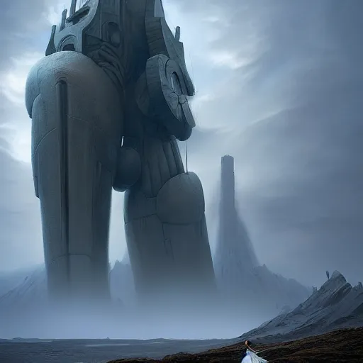 Prompt: giant colossus by grzegorz rutkowski and richard wright, atmospheric haze, stormy, tundra, princess in foreground, large scale