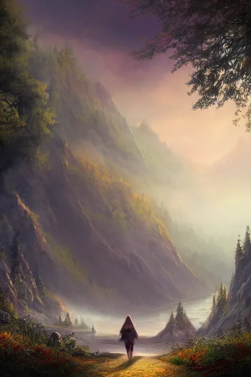 Prompt: beautiful matte painting style dark academia, whimsical art fantasy path mountains and meadow in the background near a lake reflecting the trees, atmospheric lighting, painted, intricate, volumetric lighting, beautiful, rich deep colors masterpiece, sharp focus, ultra detailed by