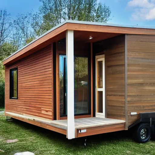 Prompt: a modern tiny home with a pool and deck