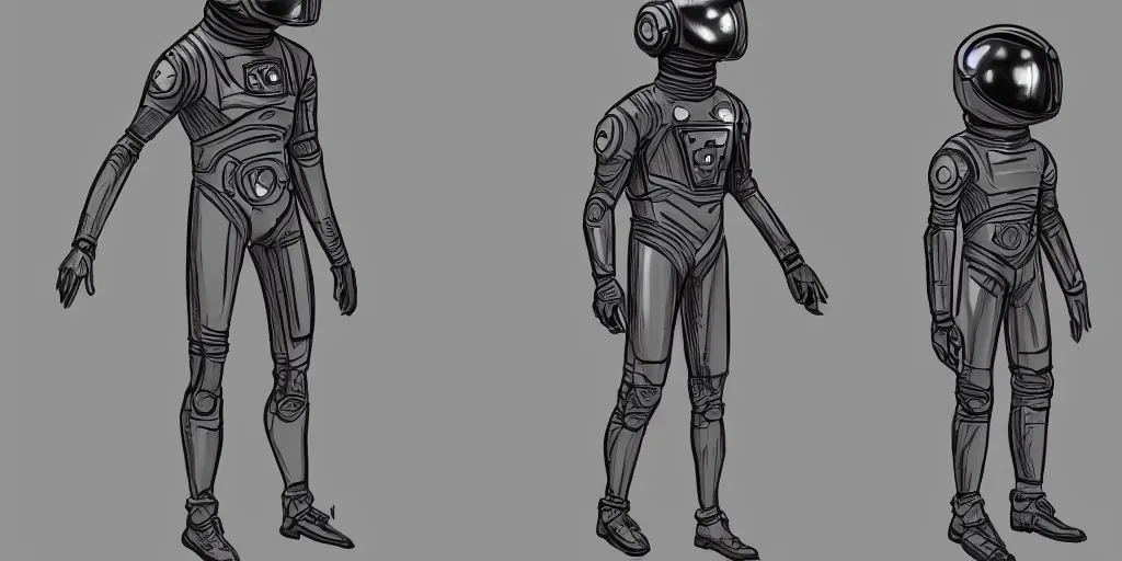 Image similar to male, fully body, elongated figure, science fiction space suit with a helmet, large shoulders, short torso, long thin legs, tiny feet, character sheet, funko, digital sketch, hyperdetailed, dieselpunk, stylized character design, concept design