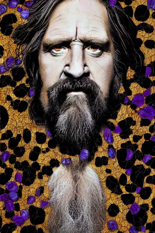 Prompt: hyperrealism close - up mythological portrait of the dude from big lebowski's shattered face partially made of black flowers in style of classicism using the fibonacci golden ratio, pale skin, ivory make up, wearing black silk robe, dark and colorful palette