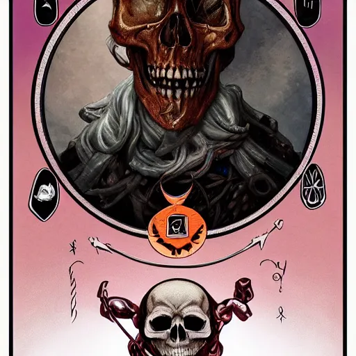 Prompt: skull tarot card, digital, rider waite card, painting, ultradetailed, artstation, oil painting, ultradetailed, artstation