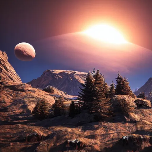 Image similar to surreal nuclear blast eclipse, small in size, rocky mountains, highly detailed, photorealistic shot, bright studio setting, studio lighting, crisp quality and light reflections, unreal engine 5, quality render