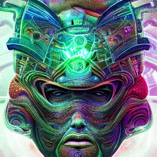 Prompt: Face of a Alien Deity, centered, corals, plume made of geometry, epic proportions, extremly detailed digital painting, sharp focus in the style of android jones, artwork of a futuristic artificial intelligence superstar with frames made of detailed circuits, mystical colors, rim light, beautiful lighting, 8k, stunning scene, raytracing, octane, under water visual distortion, dark tones colors, trending on artstation