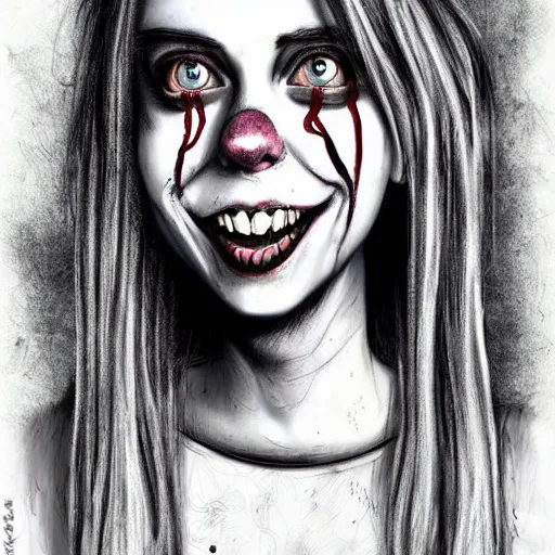 Prompt: surrealism grunge cartoon sketch of billie eilish with a wide smile by - michael karcz, loony toons style, pennywise style, horror theme, detailed, elegant, intricate