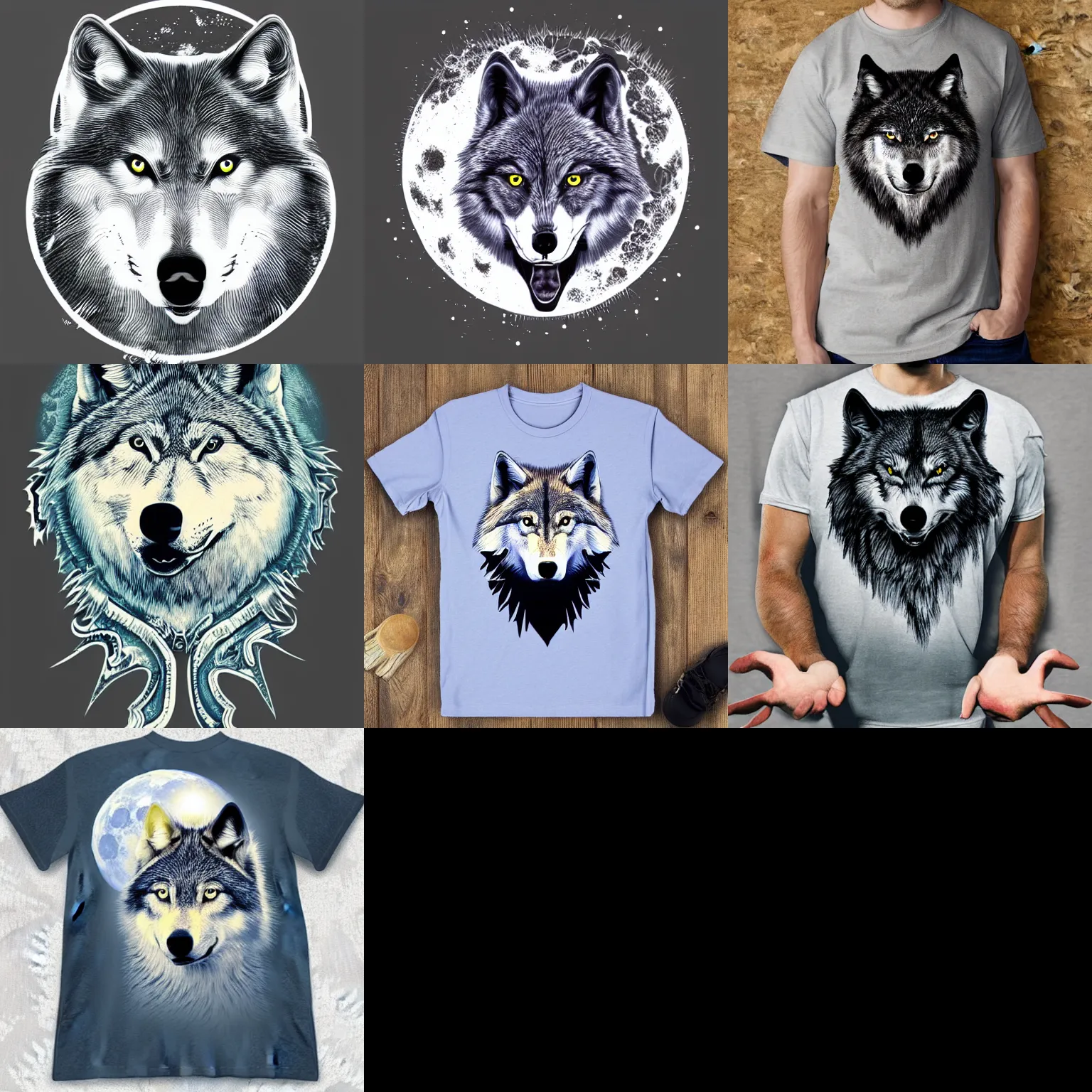 Prompt: 3 moon wolf t-SHIRT art