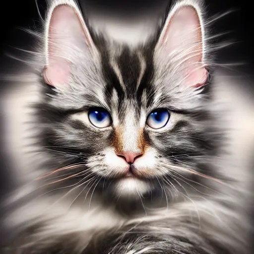 Prompt: a maine coon kitten, ultra detailed, realistic, digital art, cinematic, studio lighting, fantasy,