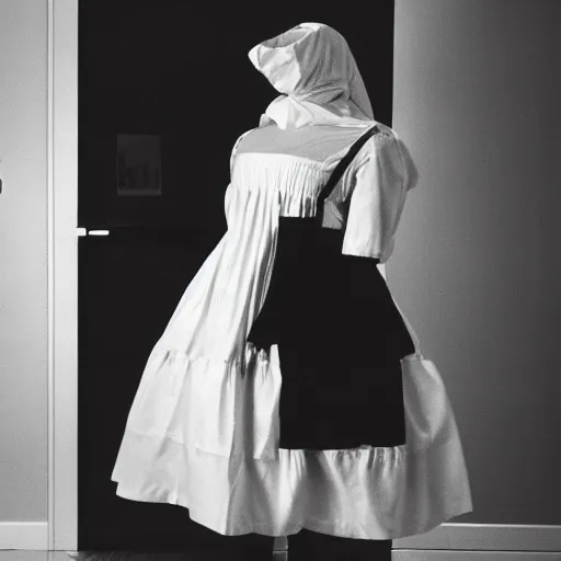 Image similar to SCP-049 wearing a french maid dress, security camera photo, 4k