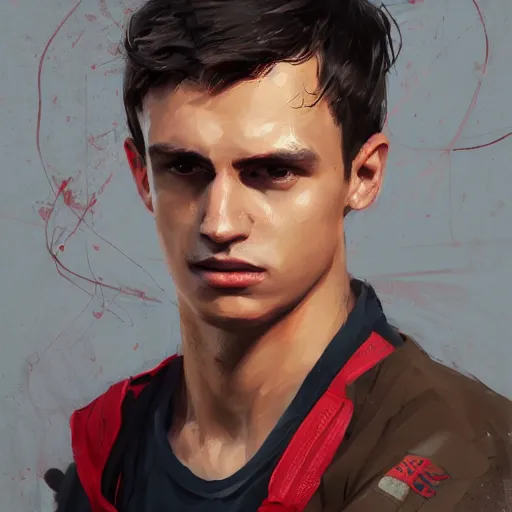 Image similar to Portrait of a man by Greg Rutkowski, he is about 20 years old, gallant, straight jaw, attractive, short brown hair with bangs, athletic and strong, he is wearing red and black utilitarian jumpsuit, highly detailed portrait, digital painting, artstation, concept art, smooth, sharp foccus ilustration, Artstation HQ.