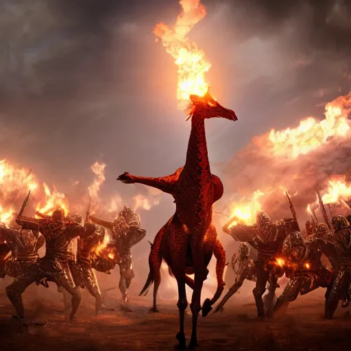 Image similar to a giant fire breathing giraffe wearing intricate battle armor attacking an army of knights, dramatic lighting, highly detailed, photorealistic, cinematic, octane render