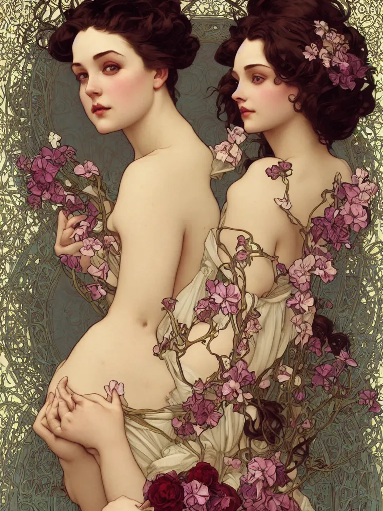 Image similar to portrait of a beautiful curvy symmetrical woman, sensuality, wrapped in flowers, art by Charlie Bowater, Alphonse Mucha, Tom Bagshaw