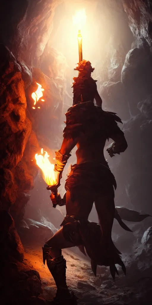 Image similar to a epic hero adventurer holding a torch in a dark cave, fantsy, concept art, artgerm, monster hunter world, 8 k realistic, radiant light, frostbite 3 engine, dof, cryengine, digital art, detailed background