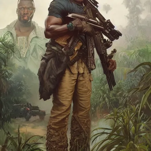 Prompt: hyperrealistic nigerian warlord, scared upper body and intimidating face, jungle setting with guerilla pickup trucks being present in the background, art by artgerm and greg rutkowski and alphonse mucha