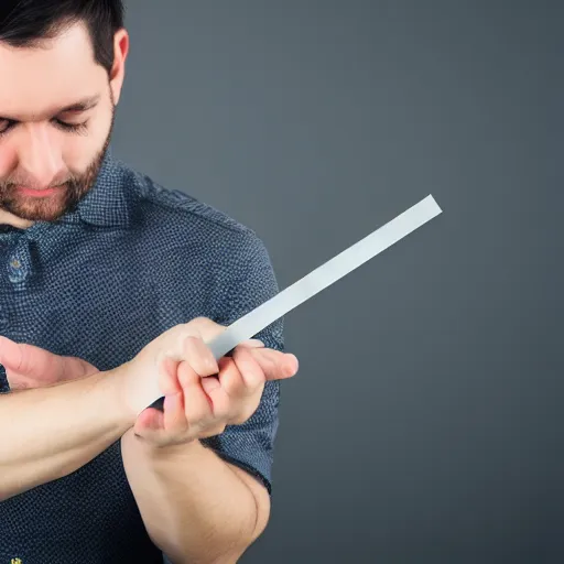 Prompt: visibly sad crying man pointing at a ruler, high resolution photo