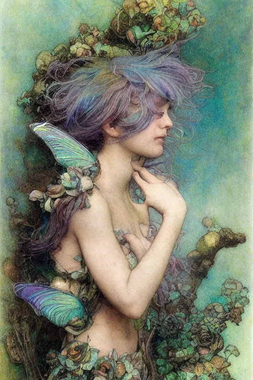 Prompt: headshot portrait of a beautiful fairy, detailed, rainbowshift, by jean - baptiste monge, maxfield parrish, john william waterhouse, brian froud