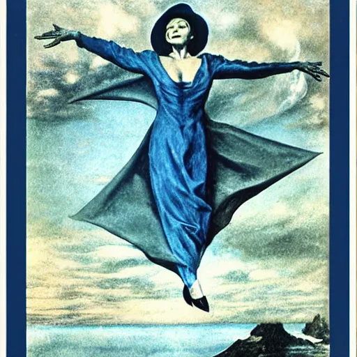 Prompt: Marlene Dietrich levitating over the sea. El Greco, Remedios Varo, Salvador Dali, Carl Gustav Carus, John Atkinson Grimshaw. Blue tint. Symetrical, logo, geometric shapes.