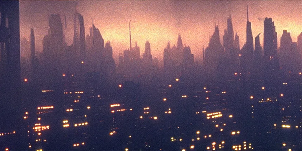 Prompt: 3 5 mm atmospheric dusk urban photographic landscape of dystopian blade runner 1 9 8 2 city, matte painting, cinematic composition, futuristic dystopian megacity skyline with towering mega - skyscrapers, falling acid rain, neon, industrial fires and smog, dramatic cinematography 3 5 mm