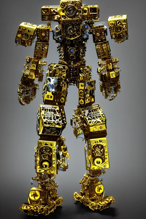Image similar to a intricate ornate boxing humanoid mecha, punk, by war robots, real steel ( 2 0 1 1 ), westworld and pacific rim movie and ps 5 game machine warrior 5, cryengine, frostbite 3 engine, blue and yellow scheme, sharp focus, 8 k, high definition, insanely detailed, soft lighting, smooth face
