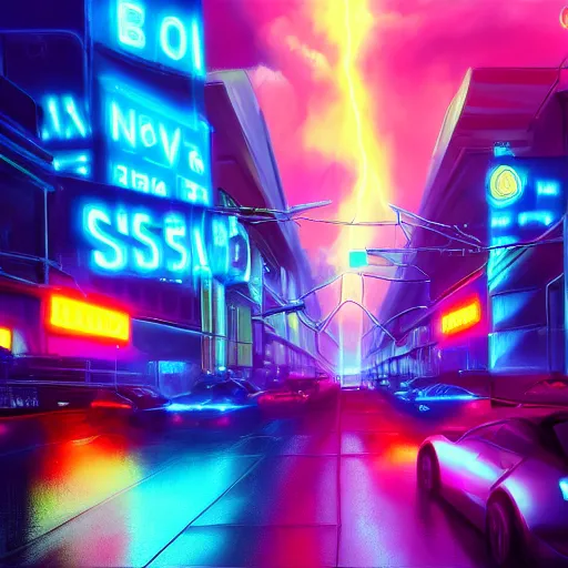 Image similar to neon cityscape during a lightning storm, colorful, neon lights, futuristic, 8k, dramatic lighting, realistic, professional, concept art, artstation hd, trending on social media,