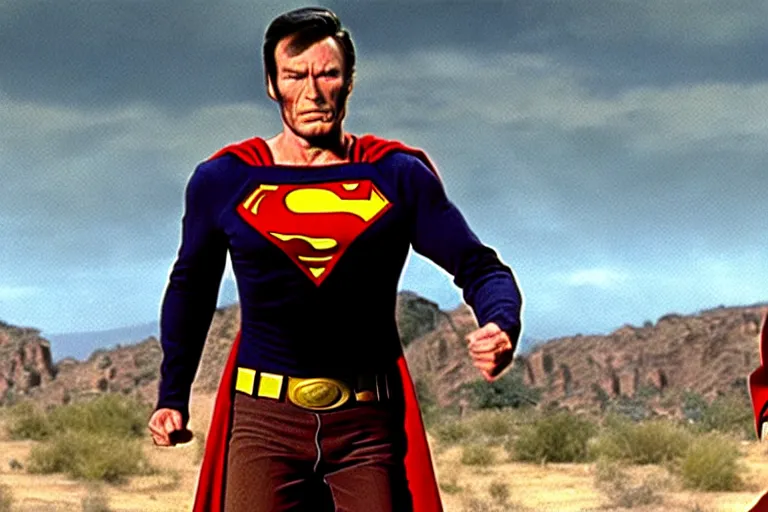 Image similar to clint eastwood as superman in the good the bad and the ugly