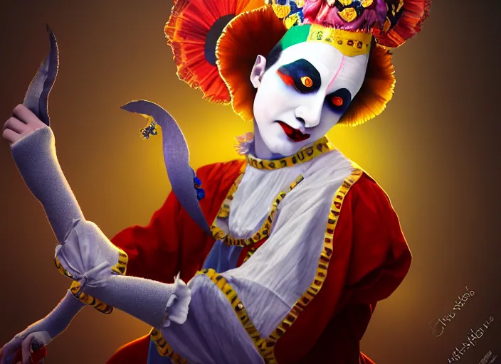 Prompt: award winning digital art of a magnificent pierrot jester wearing a traditional pierrot outfit, performing at a magnificent carnival, beautiful background, trending artstation, digital art, aesthetic, bloom, intricate, elegant, sharp focus, digital illustration, highly detailed, octane render, digital painting, concept art, witchlight carnival, masterpiece