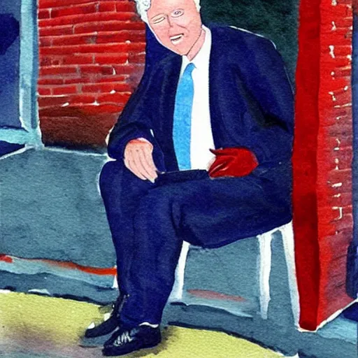 Prompt: bill clinton working on the streets of new york as a hooker, in the style of a watercolor painting