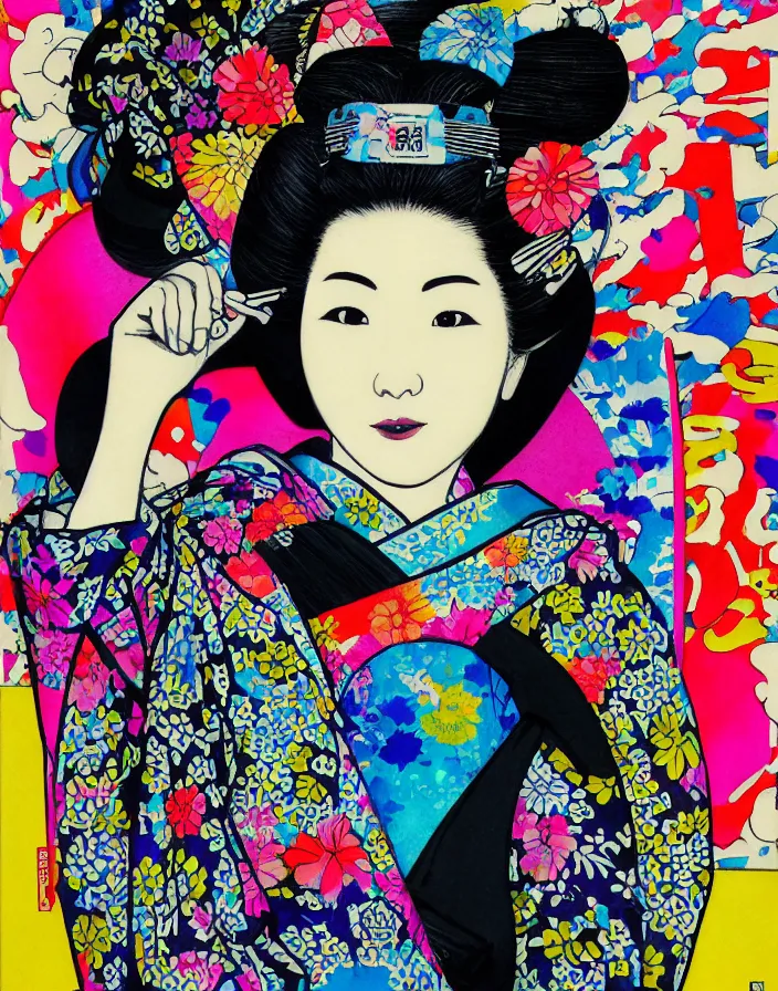 Image similar to ink on paper, a portrait of a geisha wearing a colorful kimono with graffiti tags in front of a tokyo subway, by goyo hashiguchi!!, colorful, xray melting colors!!