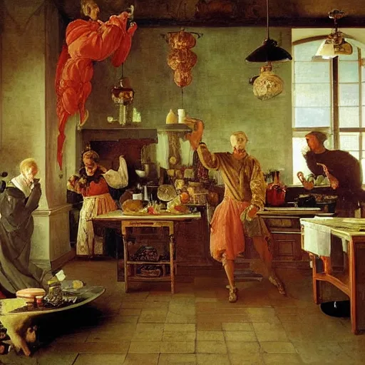 Prompt: Dramatic renaissance scene of cooking in the kitchen, maximalism, by Greg Rutkowksi and Ilya Repin